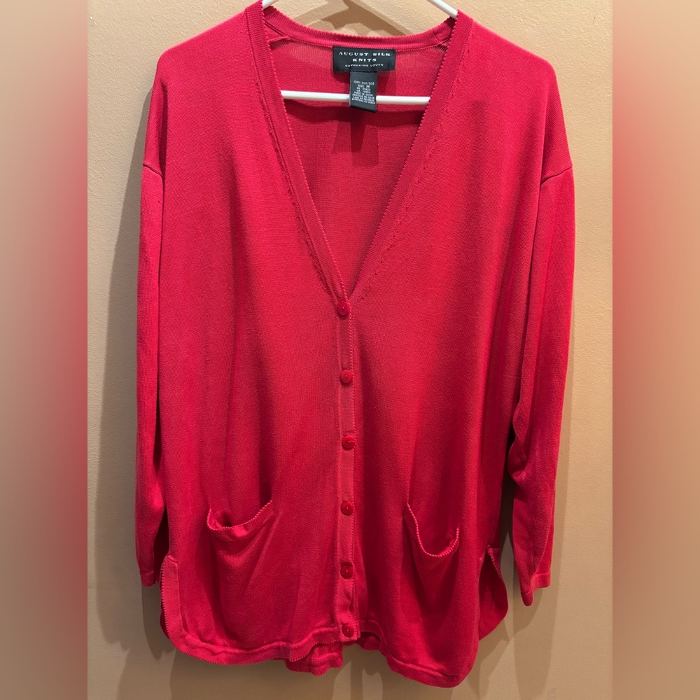 August Silk Red V-Neck Button Front Sweater Cardigan Front Pockets Size Medium